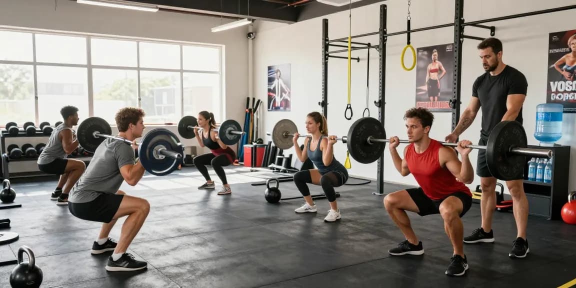 Aktive Athleten im Selliza Shop Fitnessstudio beim Gewichtheben und Trainieren.