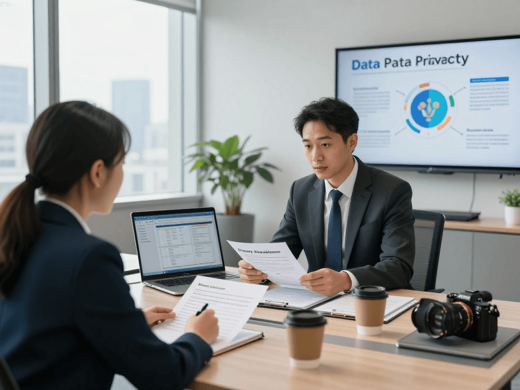 Privatberatung für Datenschutz auf der Startseite mit Berater und Klient in modernem Büro.