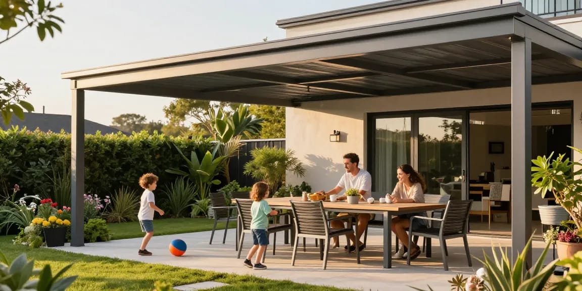 Elegante Terrassenüberdachung mit Familie im Garten, sonniger Tag.
