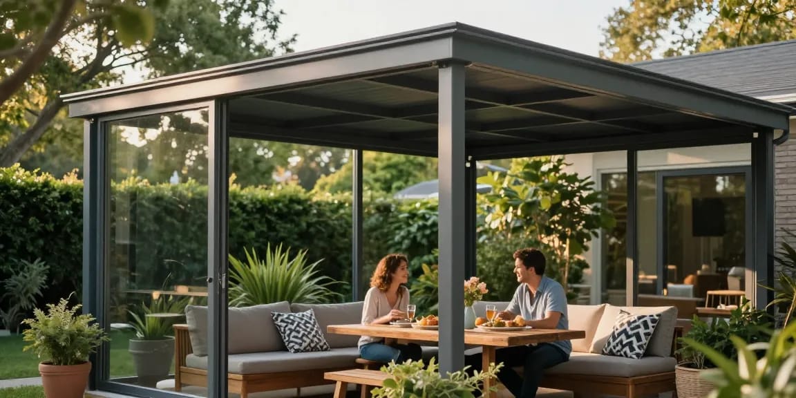 Terrassenüberdachungen aus Aluminium mit Glaswänden, gemütliche Atmosphäre im Garten.