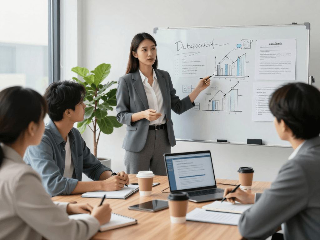 Startseite - Engaging business consulting scene with data protection expert presenting to clients in a modern office.