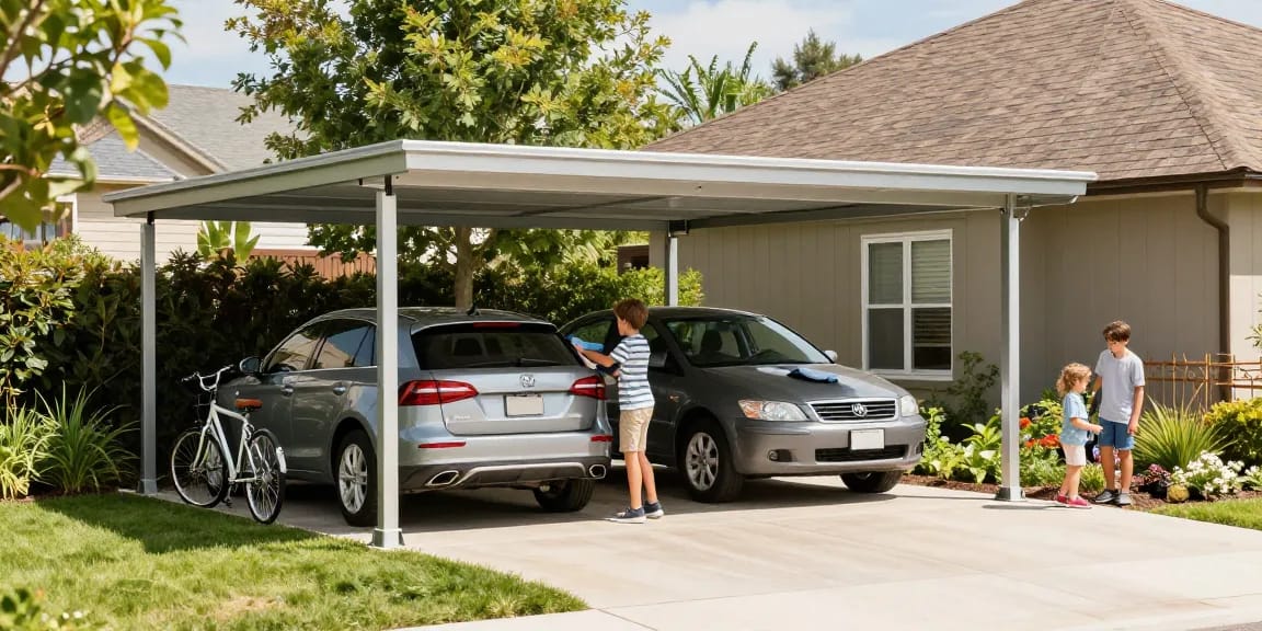 Moderner Carport bietet Schutz für Fahrzeuge und Zubehör im Garten.