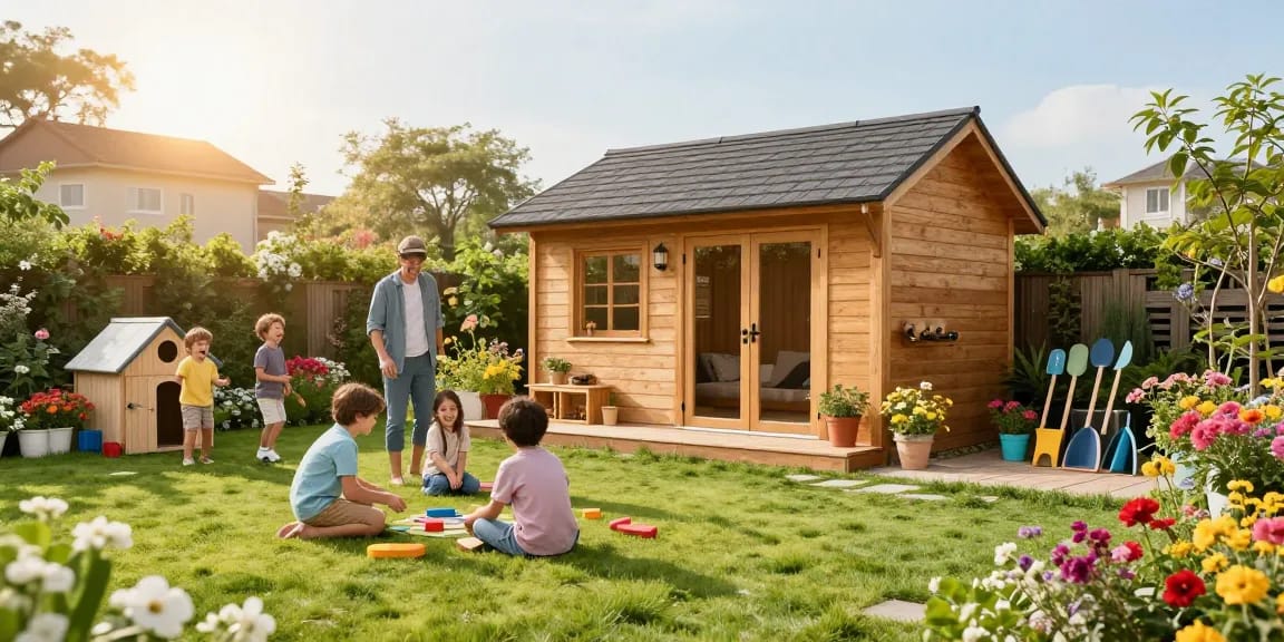 Gartenhaus kaufen: Stilvolles Gartenhaus umgeben von blühenden Blumen und spielenden Kindern im Sonnenschein.