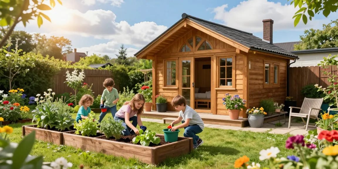 Schönes Gartenhaus Holz umgeben von bunten Blumen und einer Familie beim Gärtnern im Garten.