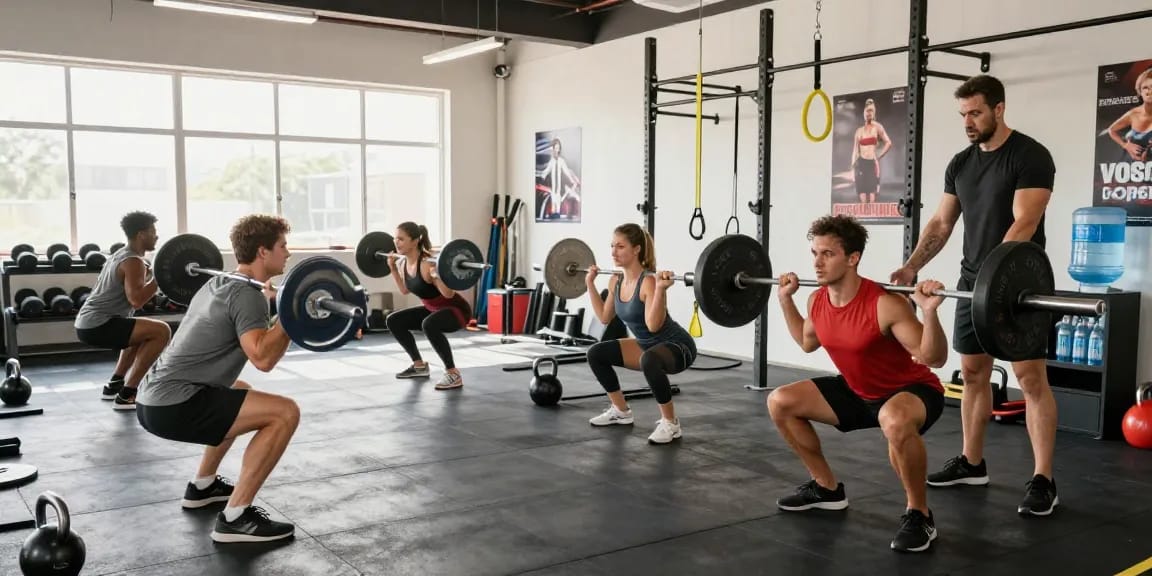 Aktive Athleten im Selliza Shop Fitnessstudio beim Gewichtheben und Trainieren.