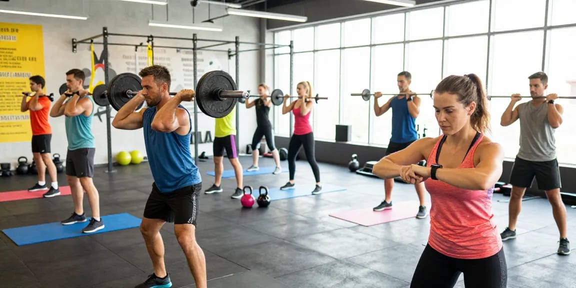 Deus Medical Fitness-Szene mit motivierten Sportlern im modernen Fitnessstudio, die Gewichte heben und miteinander trainieren.