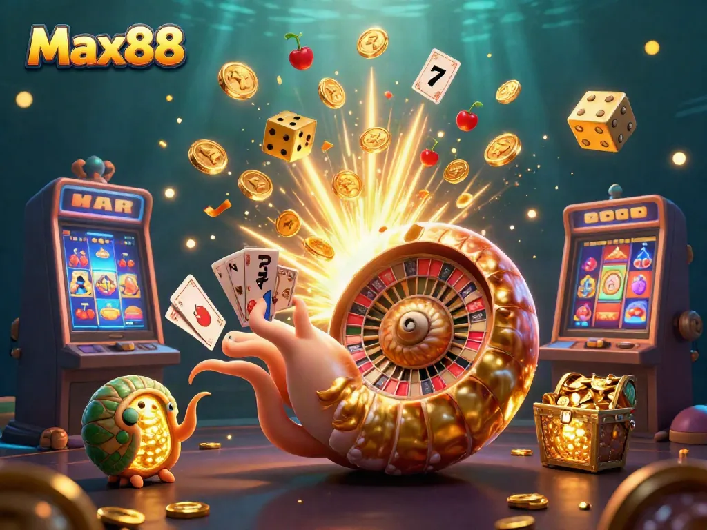 Max88 engages players with a 3D illustration of a giant nautilus as a roulette wheel amidst vibrant casino elements.
