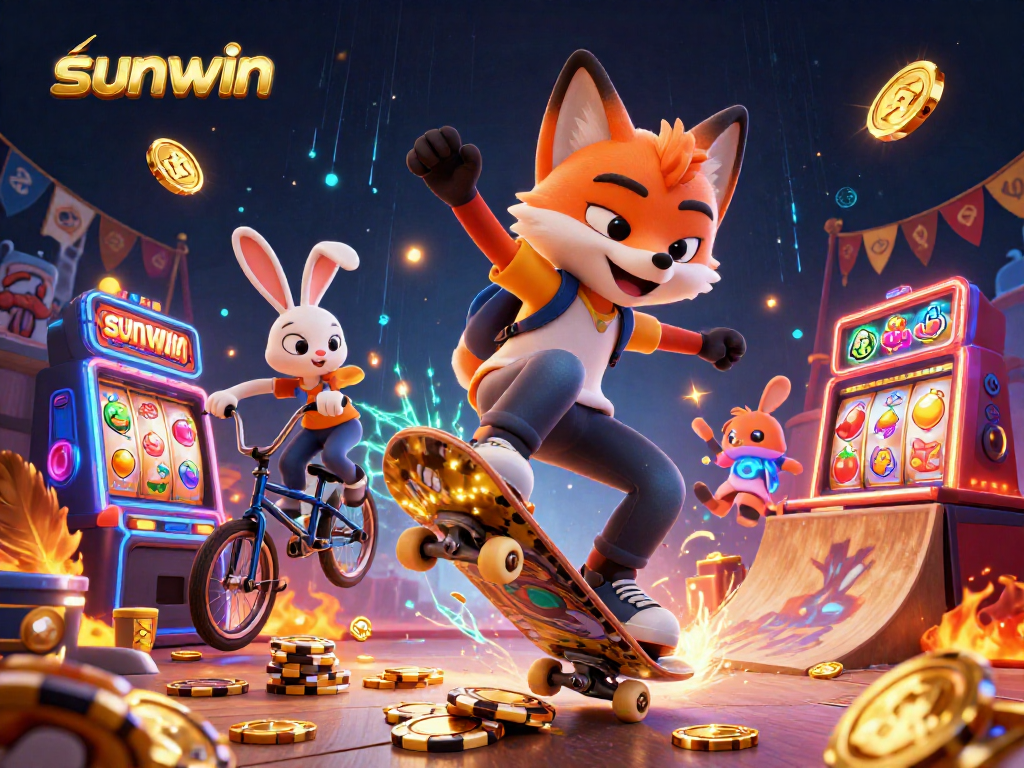 Experience vibrant casino action with Sunwin's fox skateboarder and BMX rabbit in this lively scene.