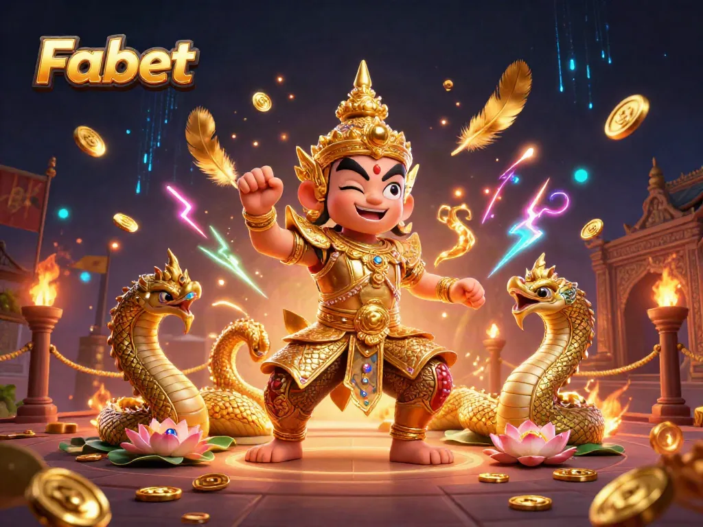 Engaging illustration of Fabet's dynamic gaming experience with a Thai temple guardian, Naga serpents, and betting elements.