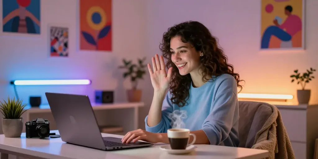 Engaging porn chat in a stylish workspace with a woman on a video call.