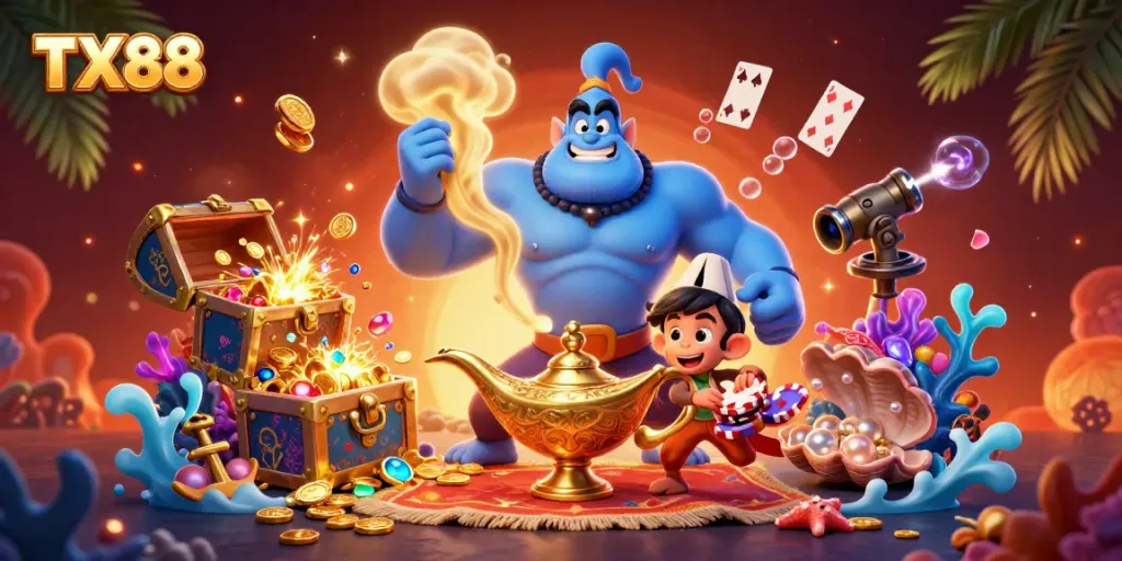 Experience winning thrills with TX88's vibrant casino scene, showcasing a genie and treasures.