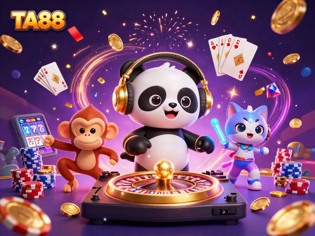 Join the fun at TA88 with a DJ panda, breakdancing monkey, and glow-stick kitten amidst dynamic casino elements.
