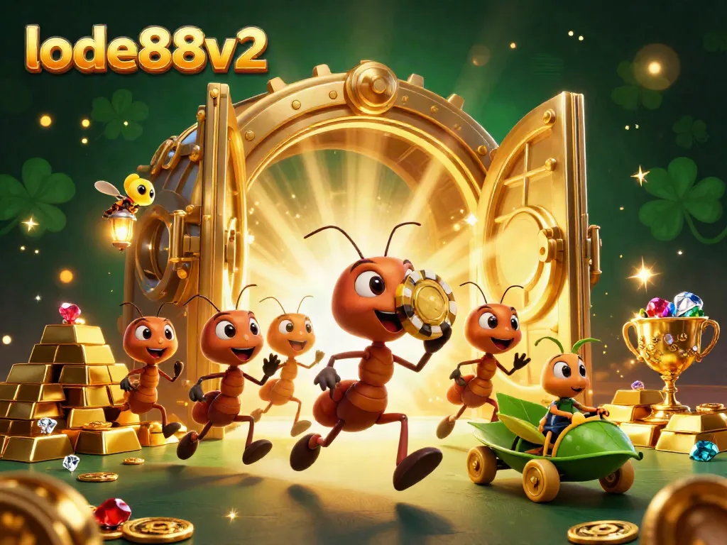 Experience thrilling heists in lode88v2 with cartoon ants and gambling treasures in this vibrant illustration.