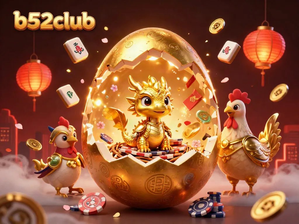 Engage with the b52club's golden dragon in a dynamic casino scene full of excitement and vibrant details.