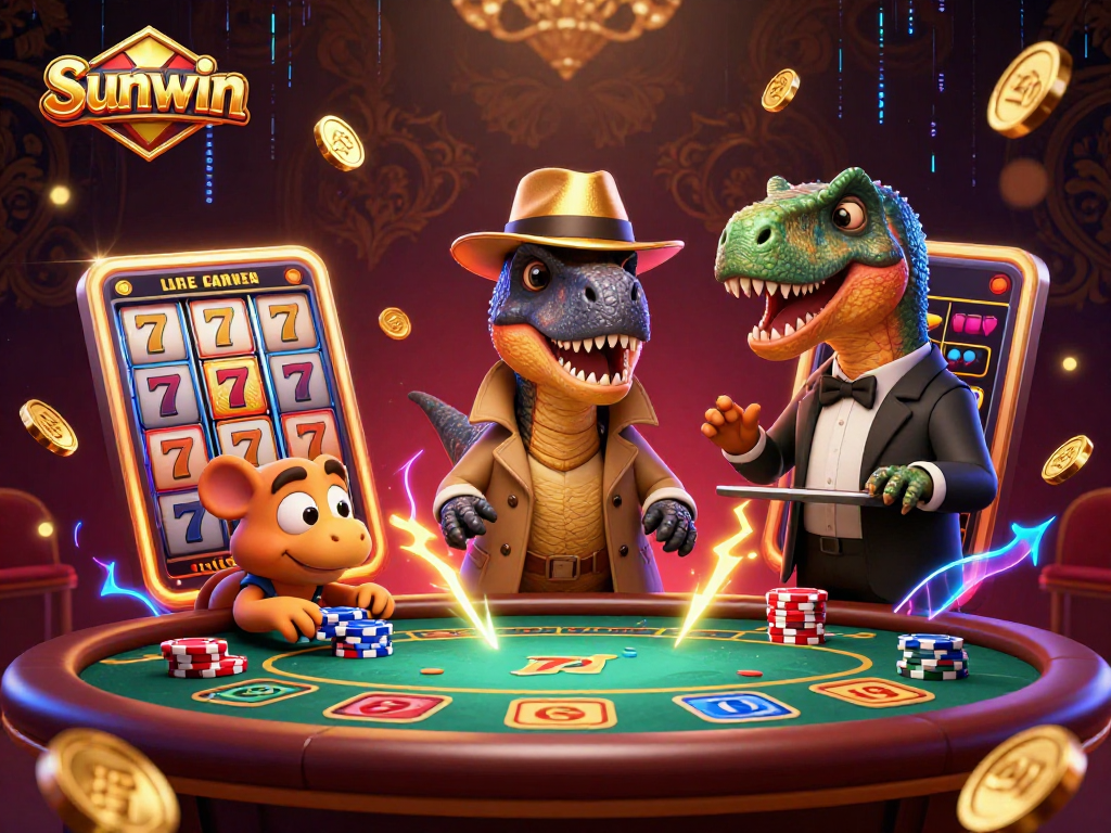 Experience thrilling gameplay at Sunwin with a velociraptor card counter and dynamic elements in a vibrant casino.