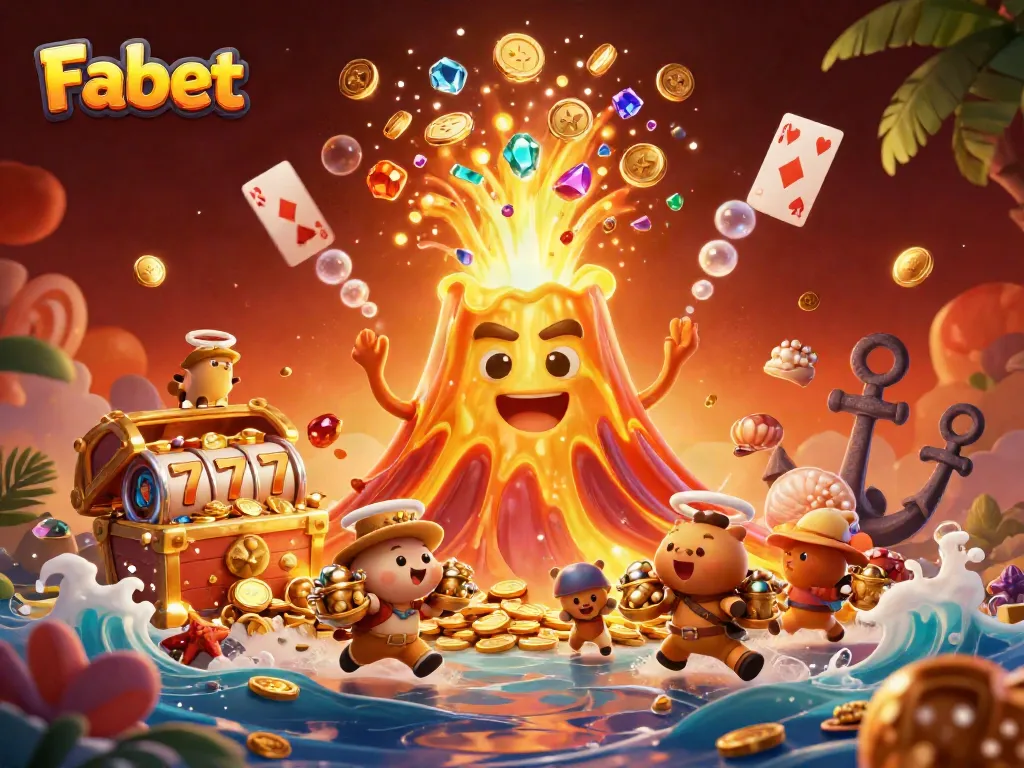 Engage with Fabet's golden volcano jackpot adventure filled with treasures and casino elements.