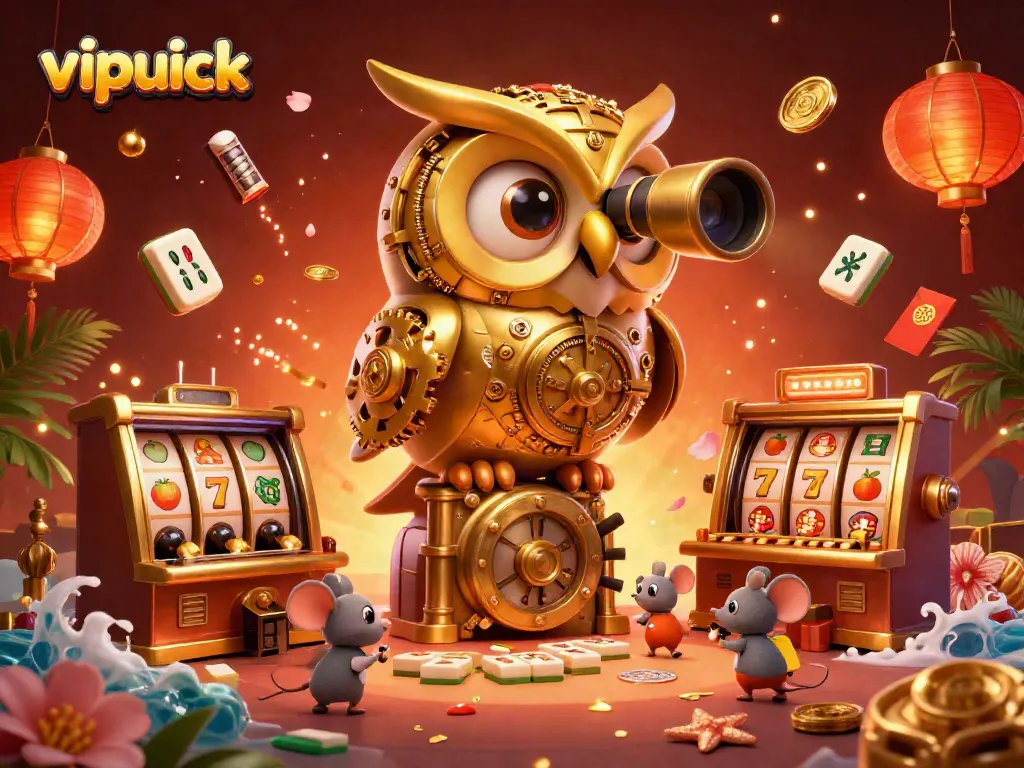 Experience the thrill of vipluck with cartoon owls and slot machines in a vibrant casino scene.