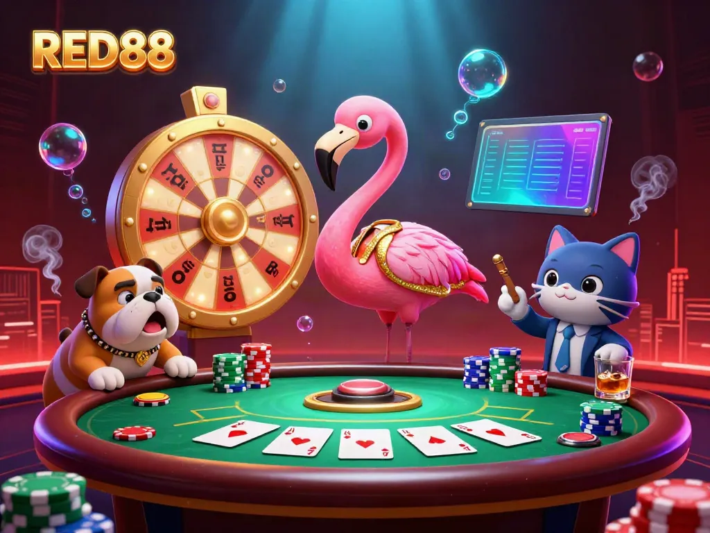 Experience exciting casino action with RED88's vibrant 3D illustration featuring game elements and characters.
