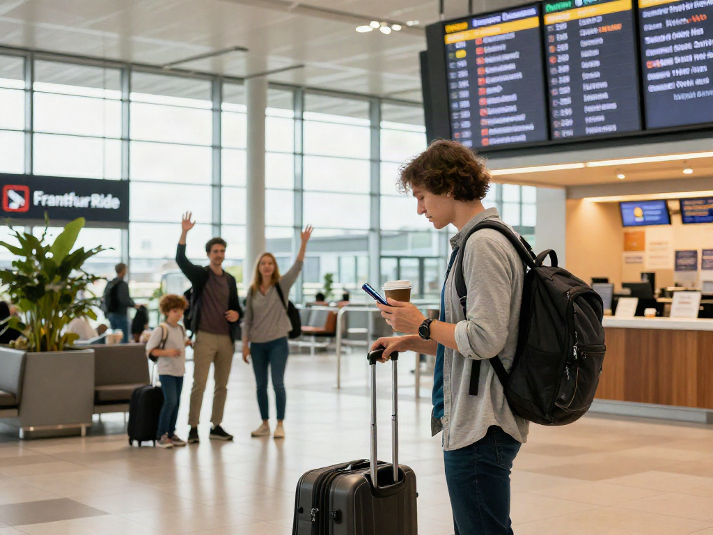 Traveler using FrankfurtRide services at Frankfurt Airport, vibrant atmosphere with departure board and family farewells.