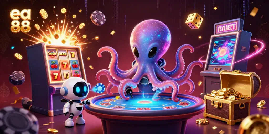 Experience exhilarating poker action with ea 88 and a vivid alien octopus in an exciting casino illustration.