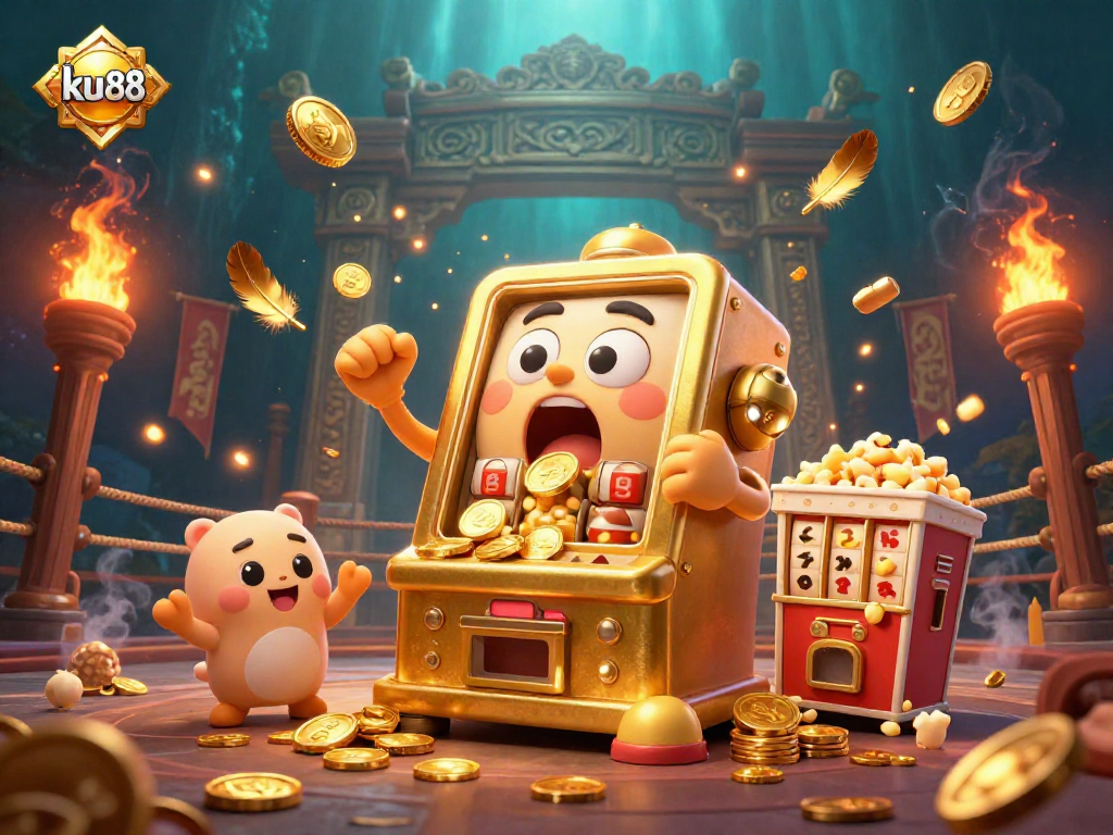 ku88 slot machine hits jackpot as coins pour out, with cheering baby machines, in a vibrant casino scene.