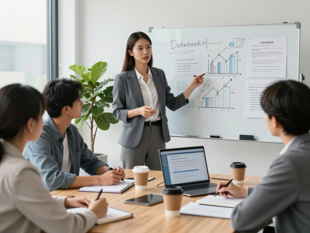 Startseite - Engaging business consulting scene with data protection expert presenting to clients in a modern office.