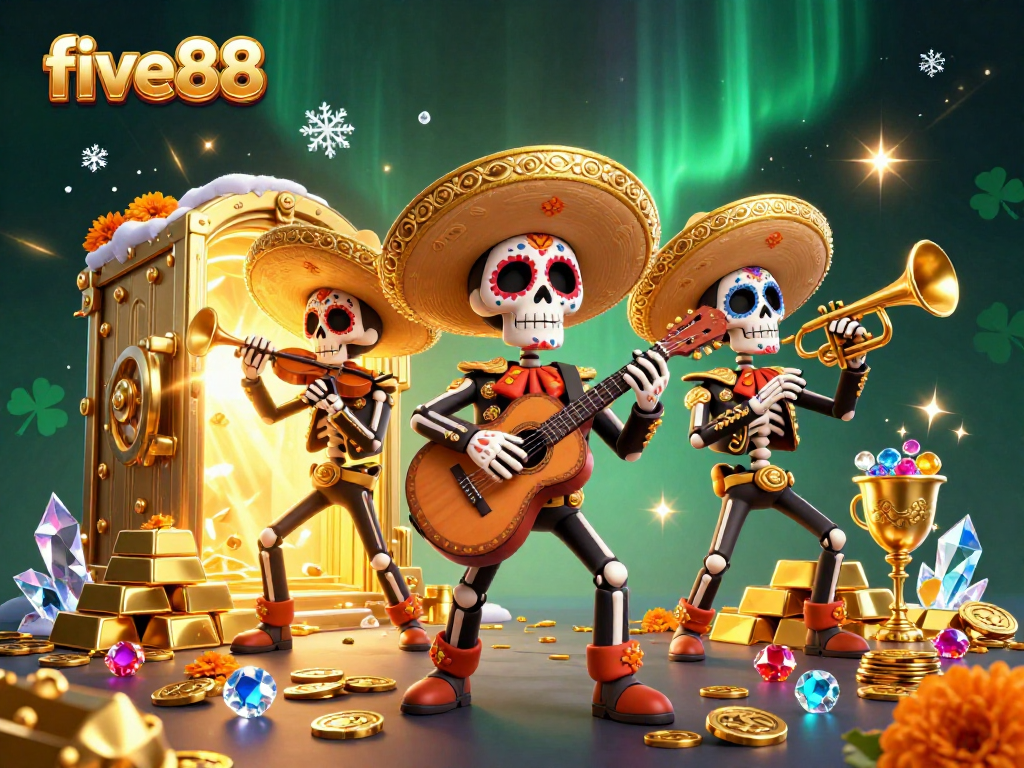 Experience vibrant five88 gaming excitement with skeleton mariachi band, treasures, and festive themes.