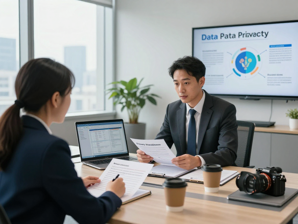 Privatberatung für Datenschutz auf der Startseite mit Berater und Klient in modernem Büro.