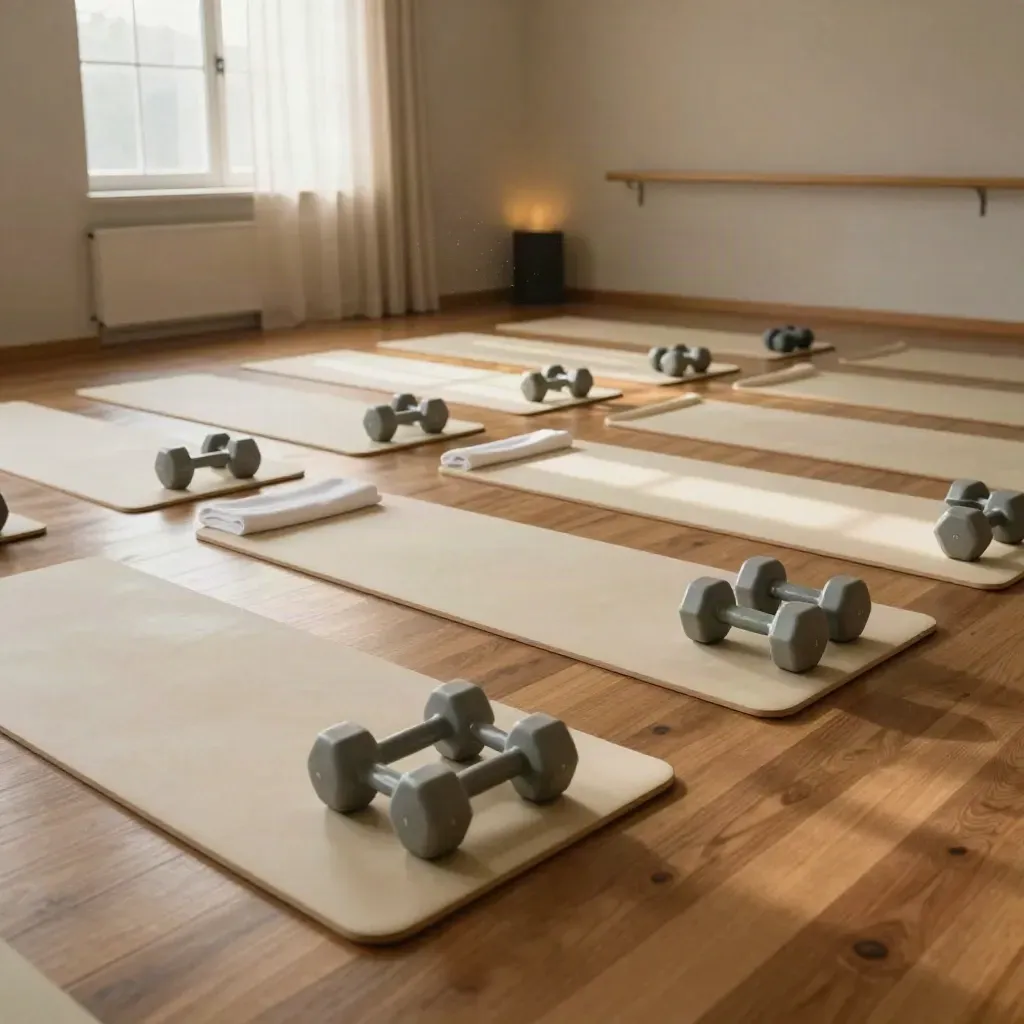 Gruppenkurs-Setup mit Matten, Stepplattformen und Hanteln in warmem Studiolicht