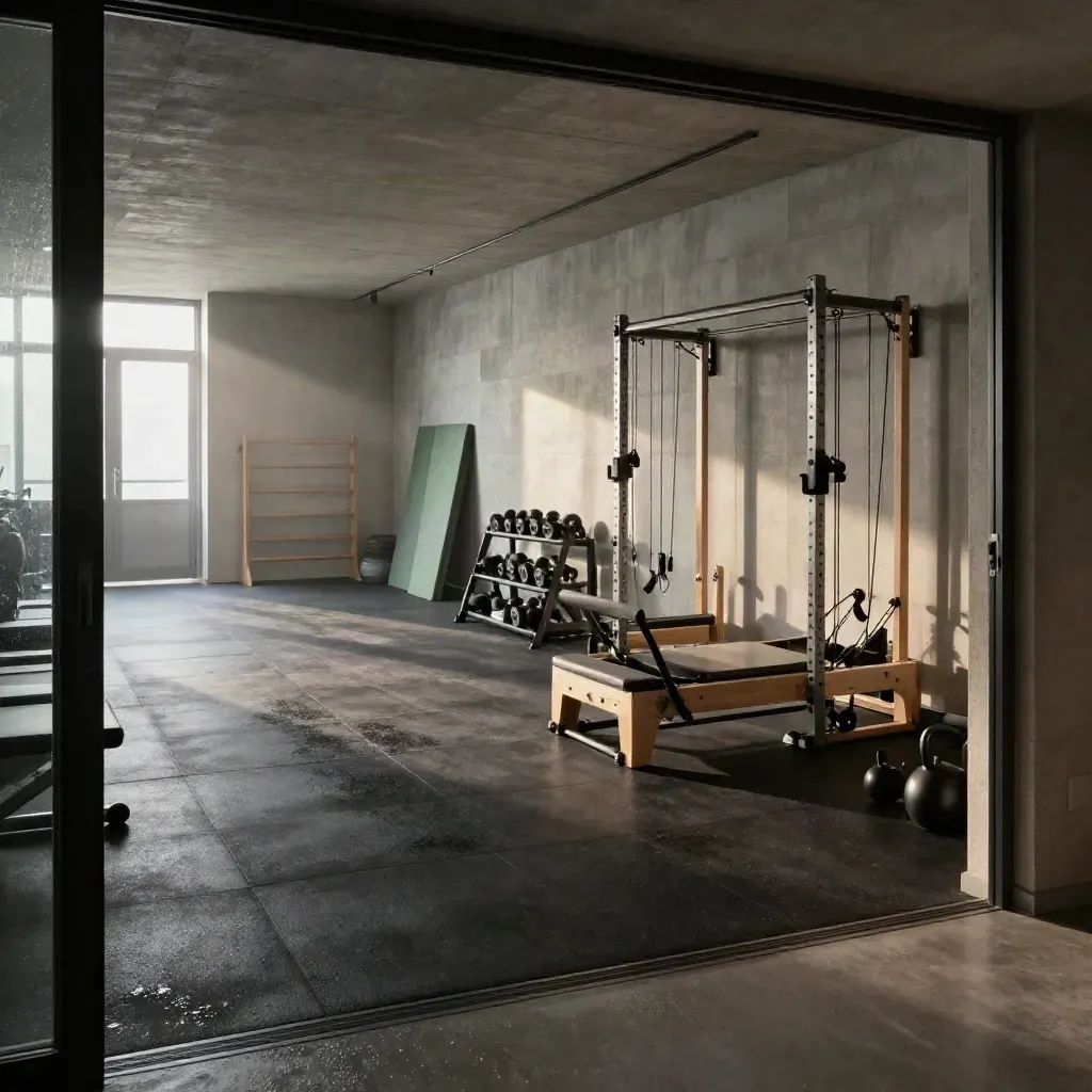 Leeres Premium-Fitnessstudio in Hamburg mit Turf-Bahn, Hantelrack und Reformer im Morgenlicht