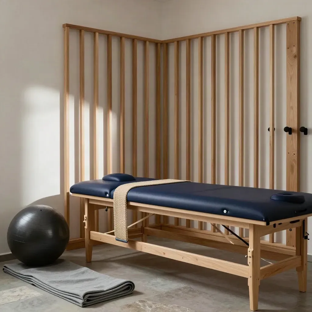Reha-Ecke mit Sprossenwand, Gymnastikball, Dehnband und Liege im Licht