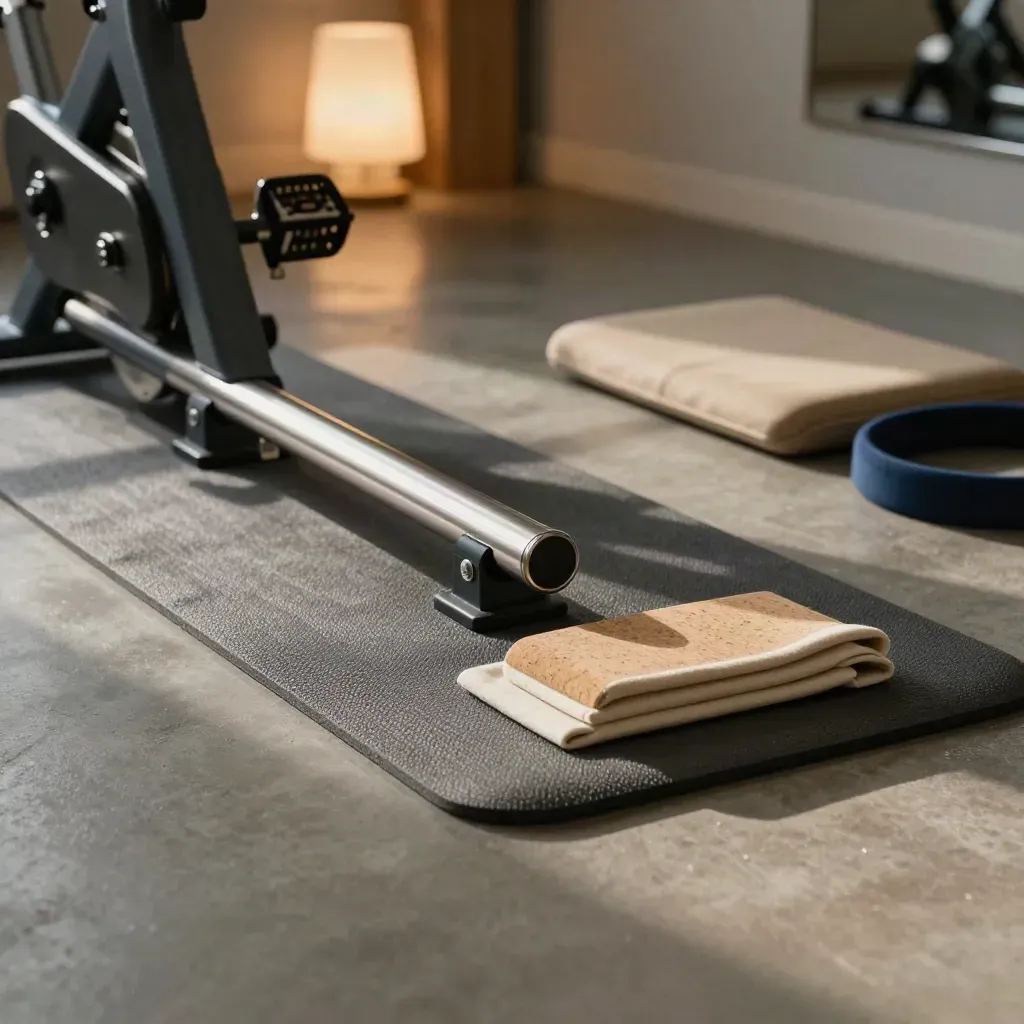 Reha-Ecke mit Matten, Stangen und Step-Bike im warmen Licht