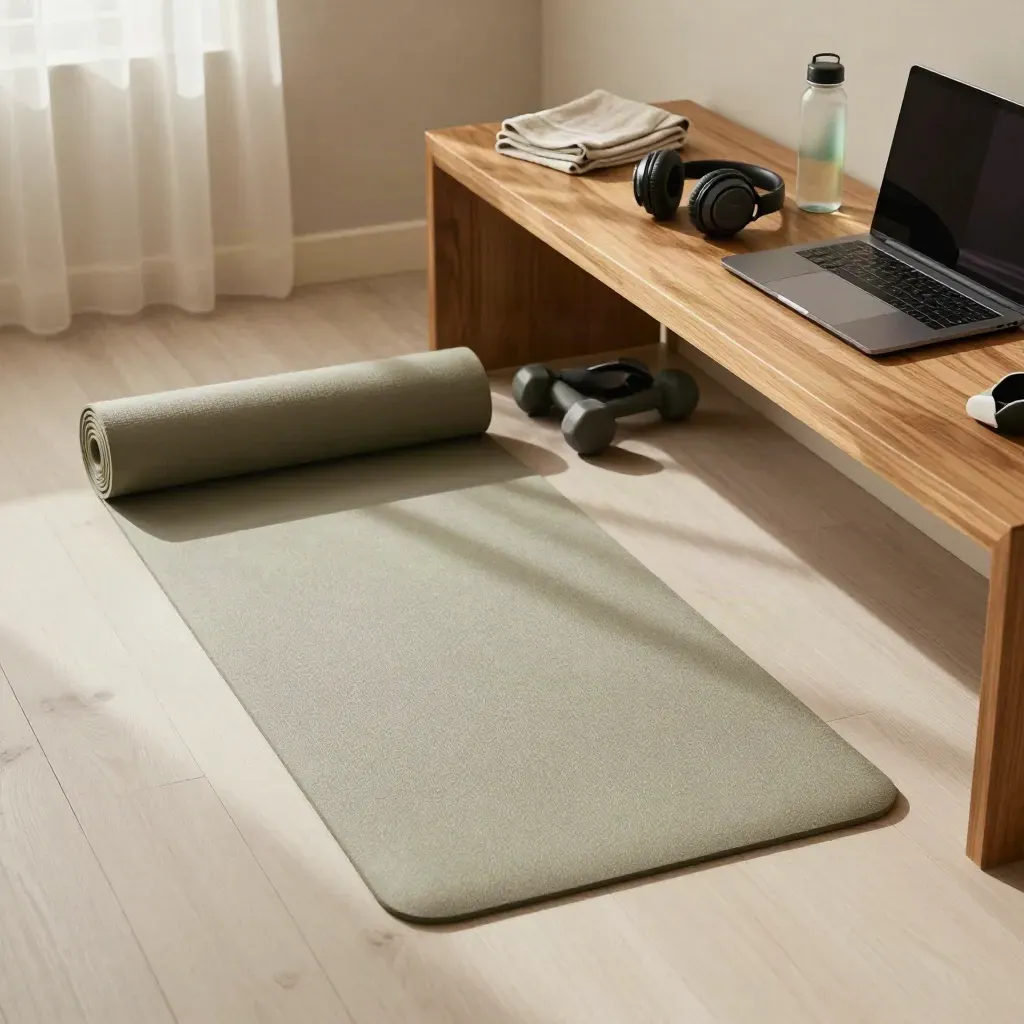 Home-Trainingsnische mit Matte, Hanteln, Laptop, Kopfhörern und Wasserflasche im Morgenlicht.