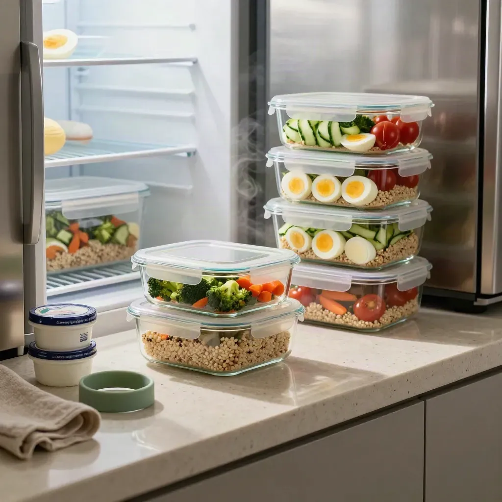 Ordentlich gepackte Meal-Prep-Boxen neben Kühlschrank und frischem Gemüse in einer Küche