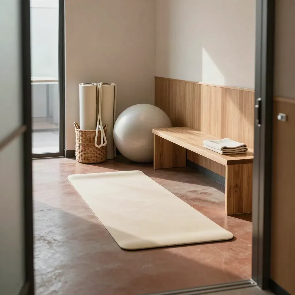 Office-Wellness-Ecke mit Matten, Bändern, Ball und Bank im warmen Licht.
