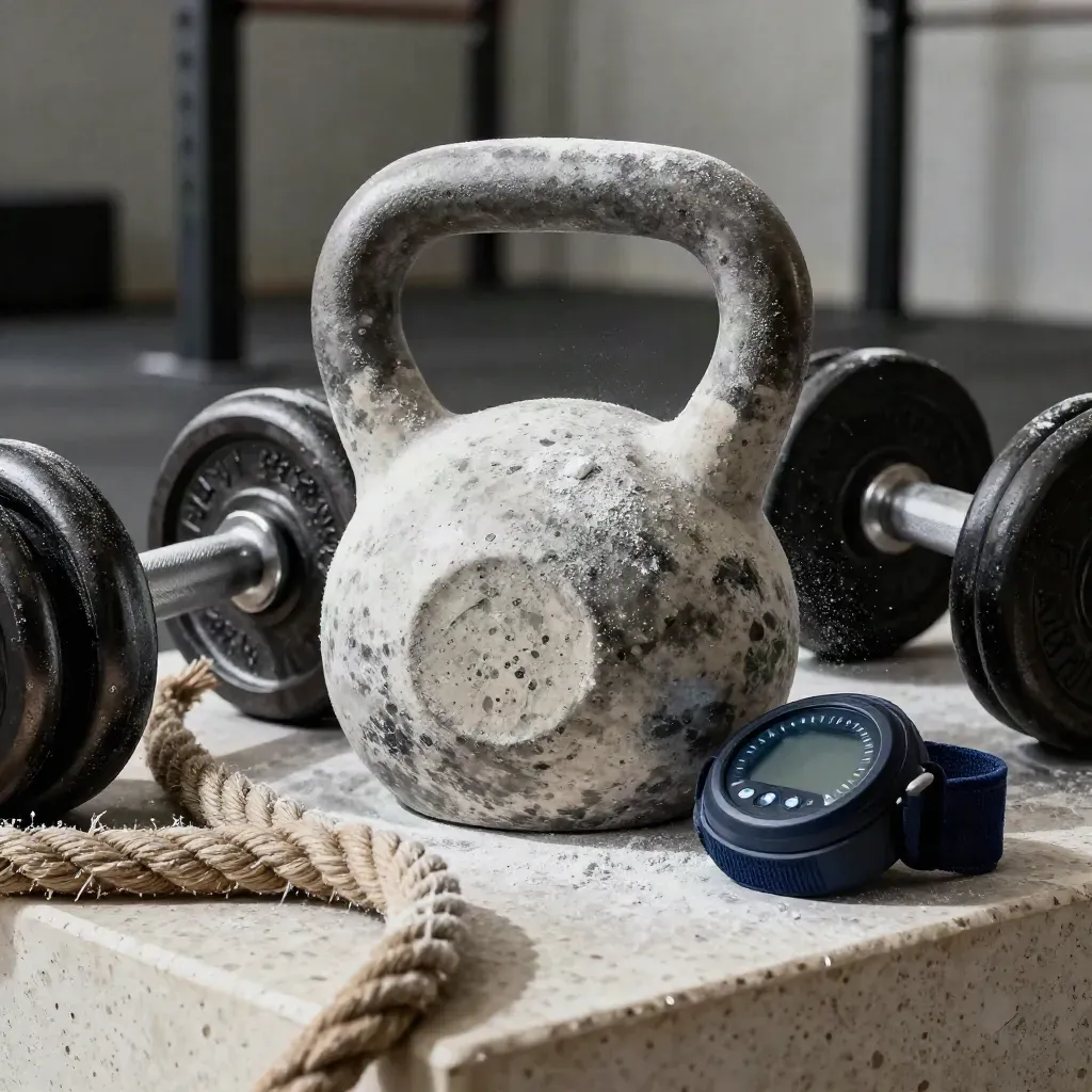 Makro von Kettlebell, Battle Rope, Kurzhantelverschluss und Timer auf Travertin im Gym.