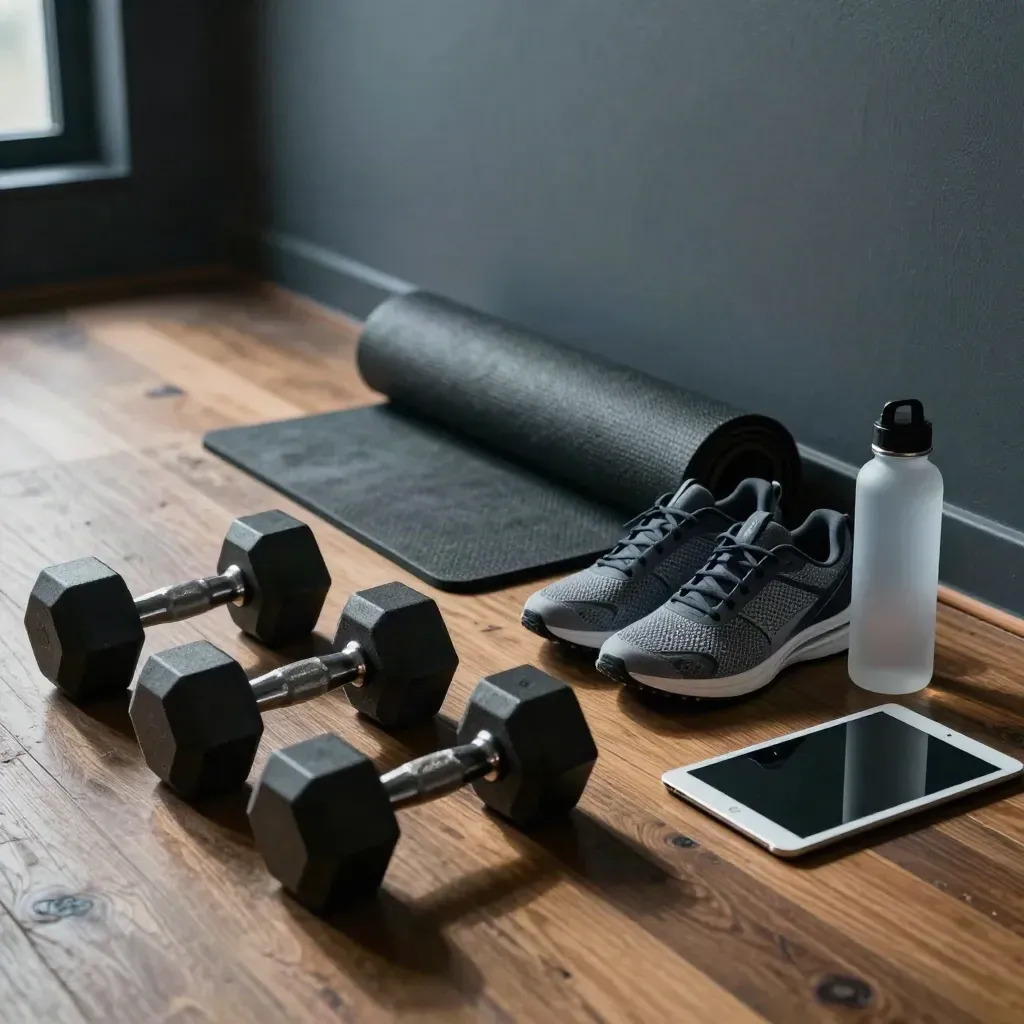 Home-Workout-Ecke mit Hanteln, Matte, Schuhpaar, Flasche und Tablet auf dunklem Holzboden.
