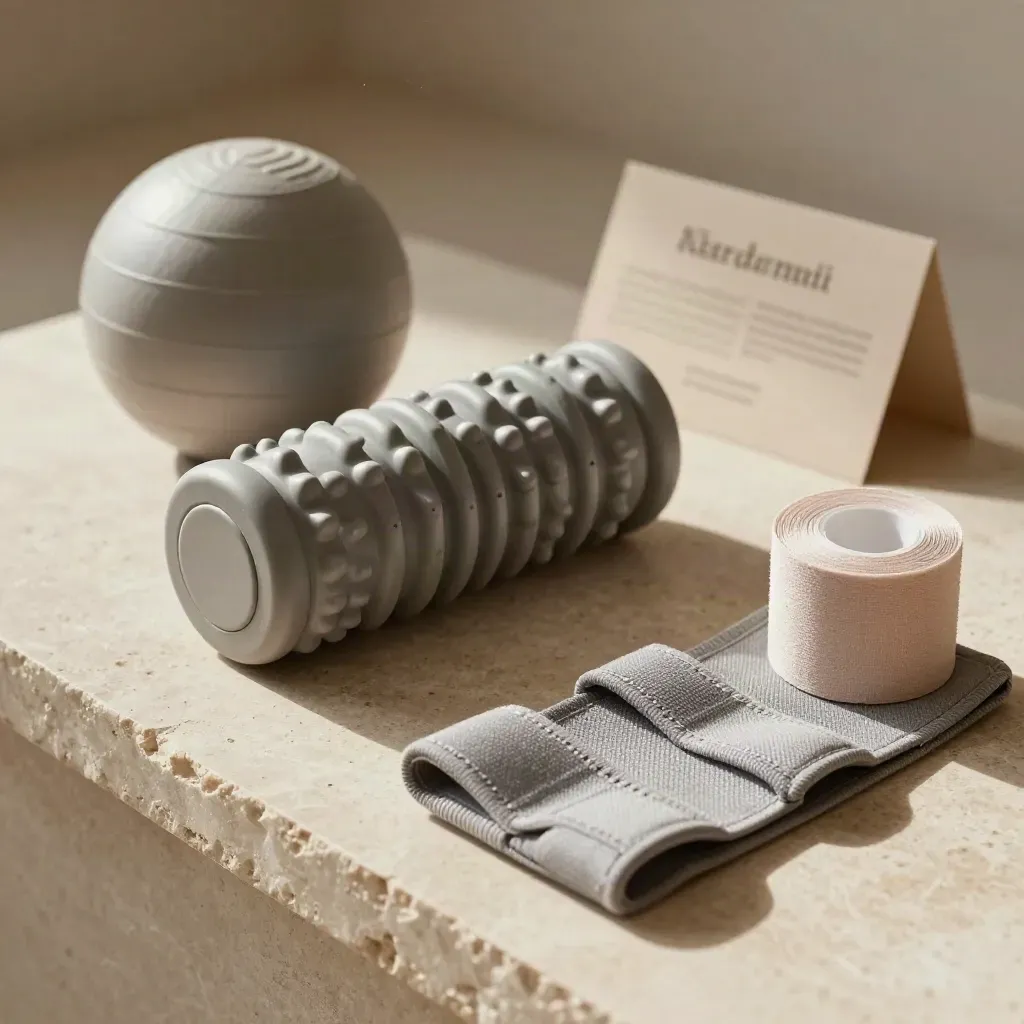 Reha-Tools auf hellem Stein: Ball, Balancekissen, Faszienrolle, Tape und Fußgewichte im sanften Licht.