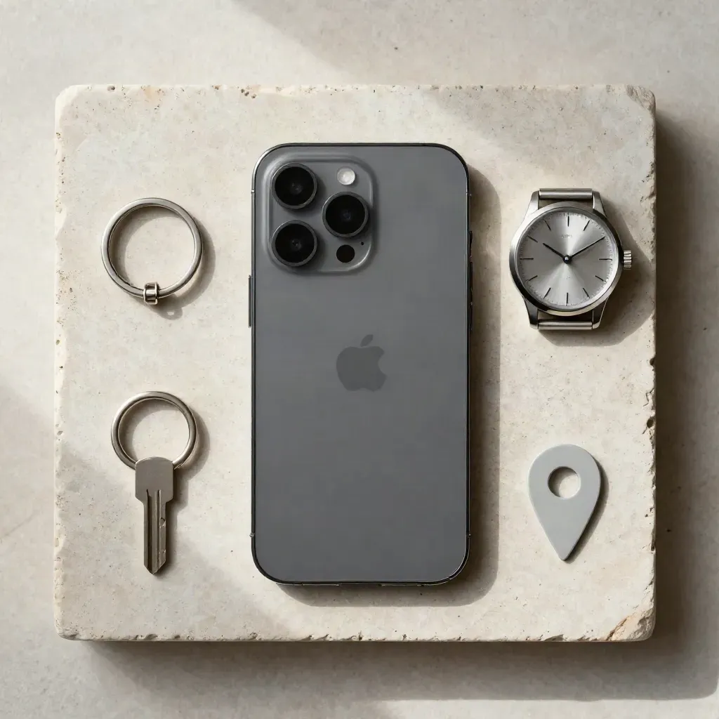 Smartphone, Termindial, Schlüsselring und Standortmarker auf hellem Stein.