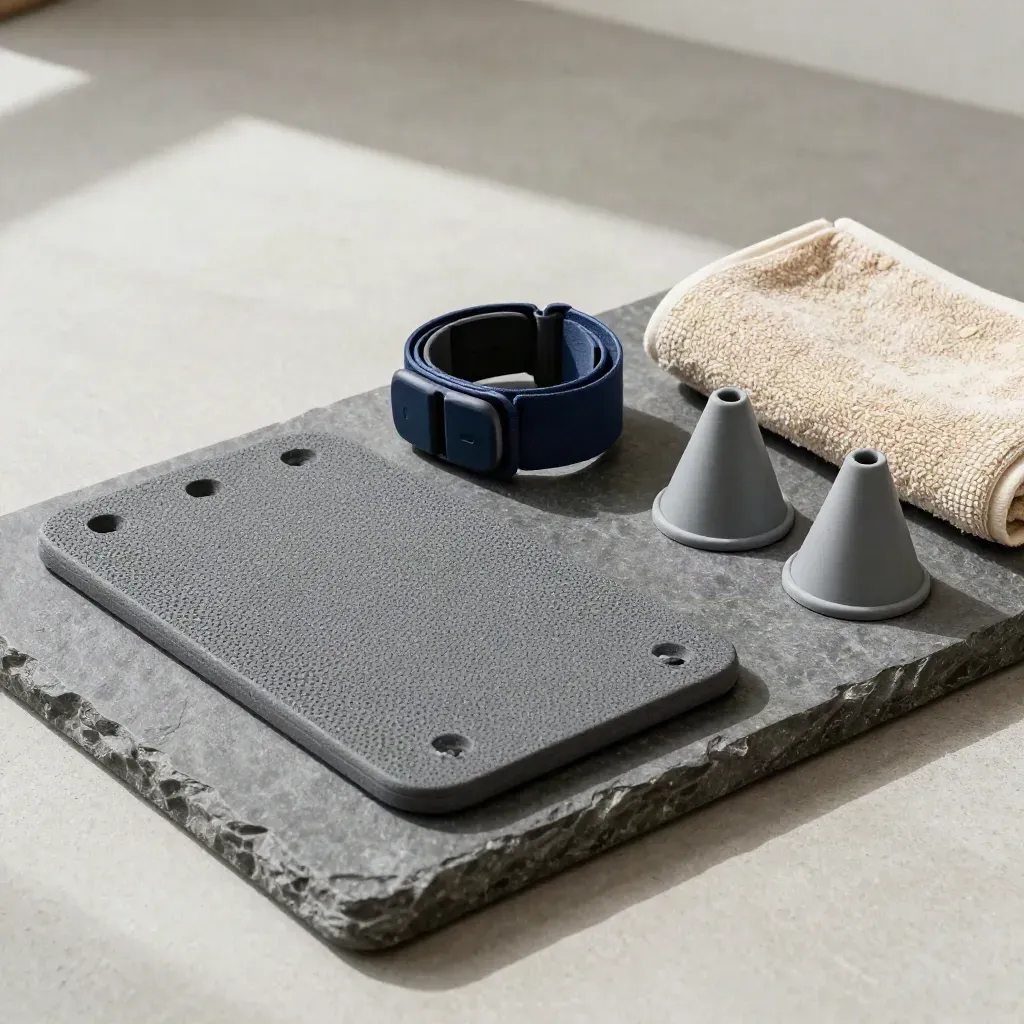 Fitness-Check auf Steintablett mit Balance-Pad, Brustgurt, Hütchen und Handtuch