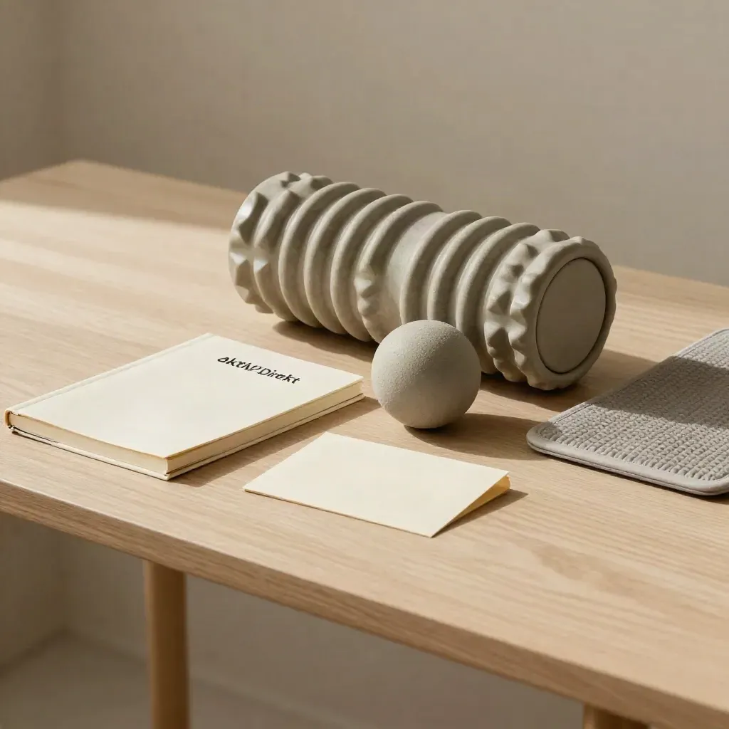 Foamroller, Massageball und Recovery-Pad auf hellem Holz neben geschlossenem Notizbuch.