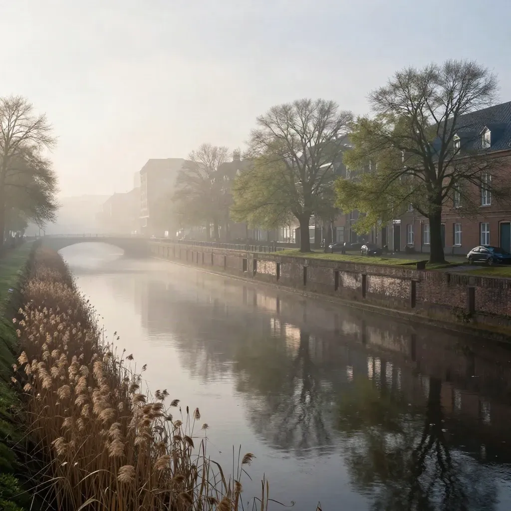 Morgennebel über den Alsterkanälen in Hamburg Nord mit ruhigem Wasser und Backsteindächern.