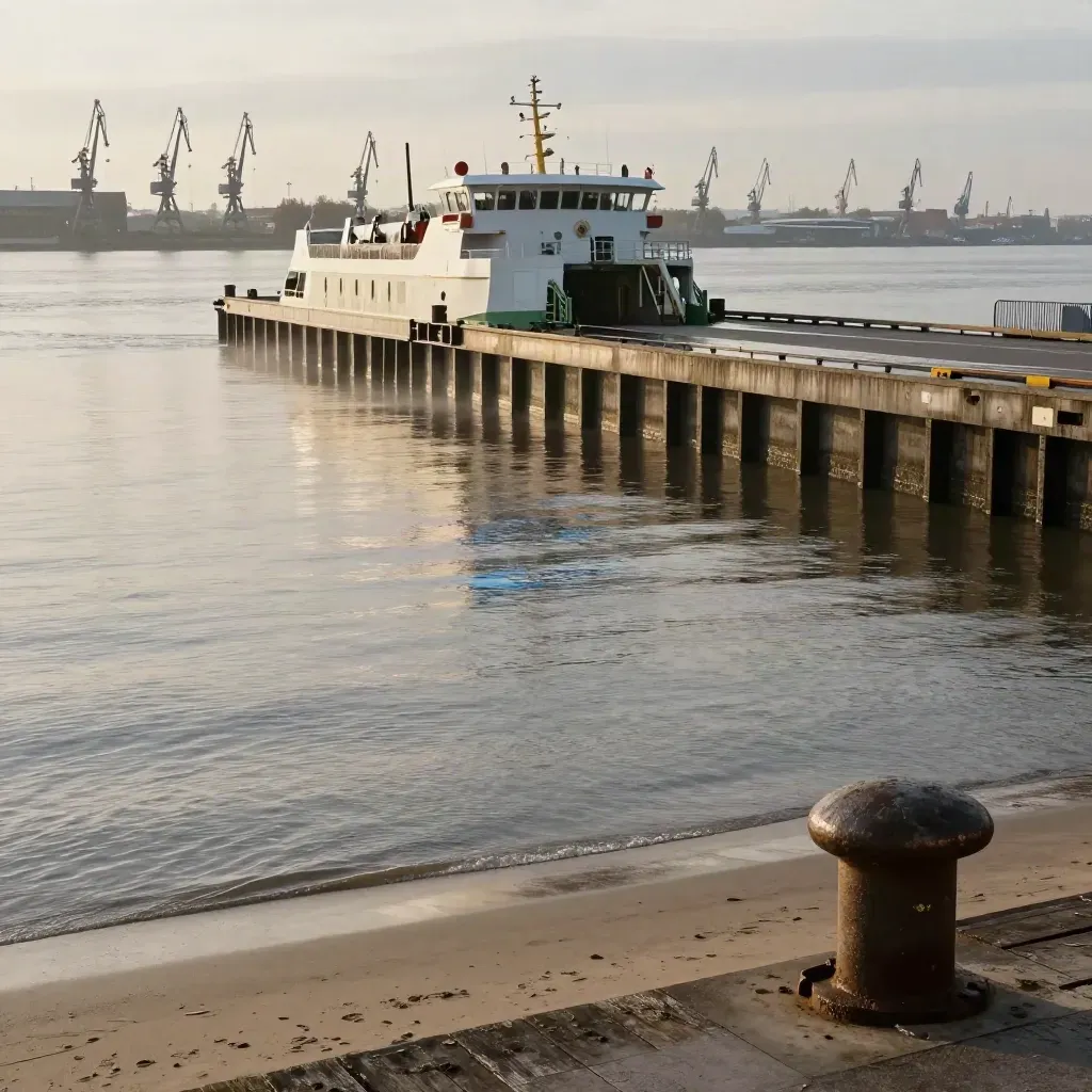 Elbeufer in Hamburg West mit Fähranleger, Wasserreflexen und Kränen im warmen Spätnachmittagslicht