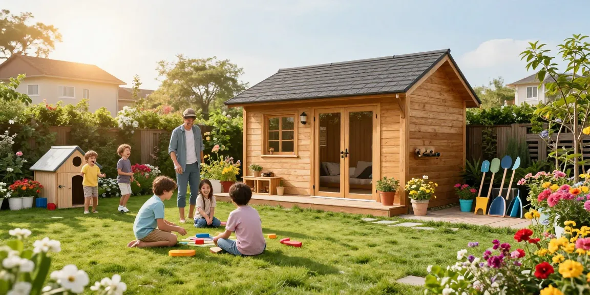 Gartenhaus kaufen: Stilvolles Gartenhaus umgeben von blühenden Blumen und spielenden Kindern im Sonnenschein.