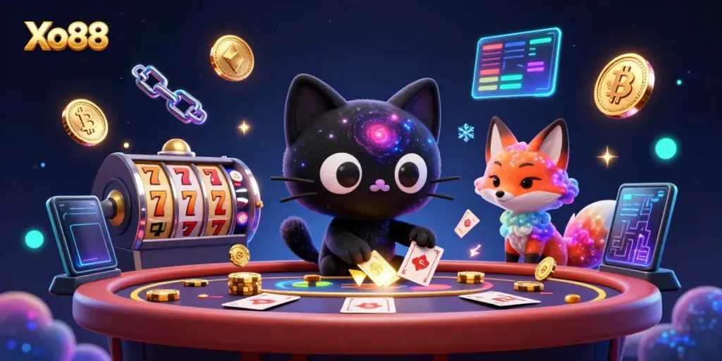Win big at Xo88 with a cosmic-themed casino illustration showcasing vibrant characters and dynamic gaming elements.