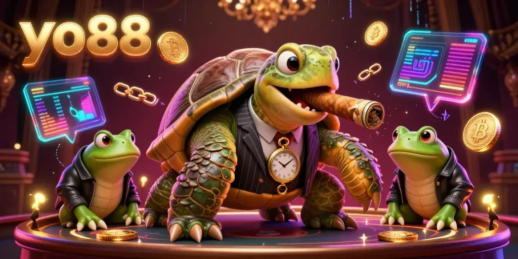 Experience thrilling gameplay at yo88 with dynamic casino-themed 3D characters and glowing crypto elements.