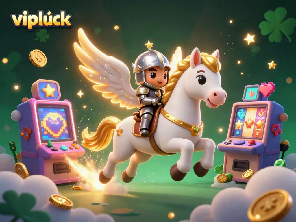 Engage with vipluck's vibrant 3D slot machine scene featuring a celestial horse and knight, delivering a thrilling casino experience.