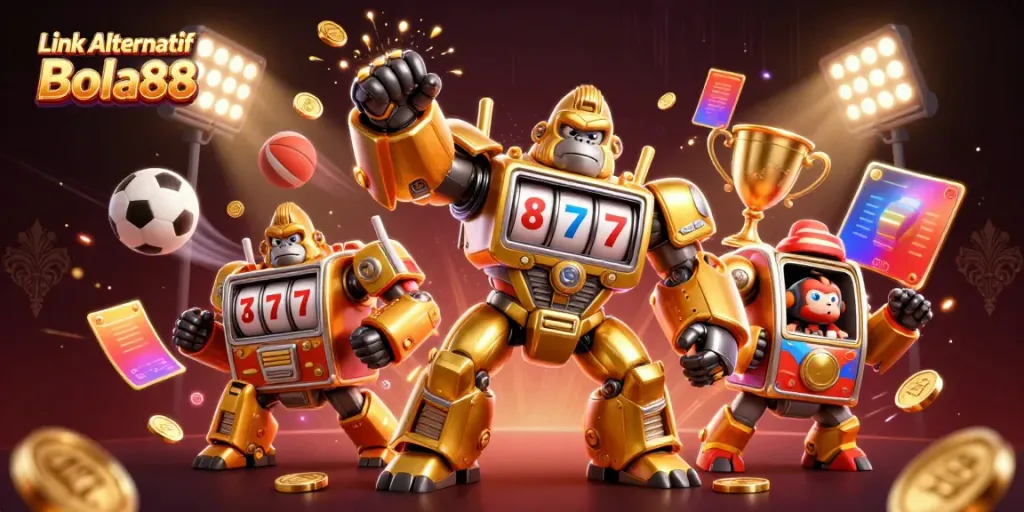 Experience thrilling action with Link Alternatif Bola88 featuring dynamic sports elements and a golden gorilla mech.