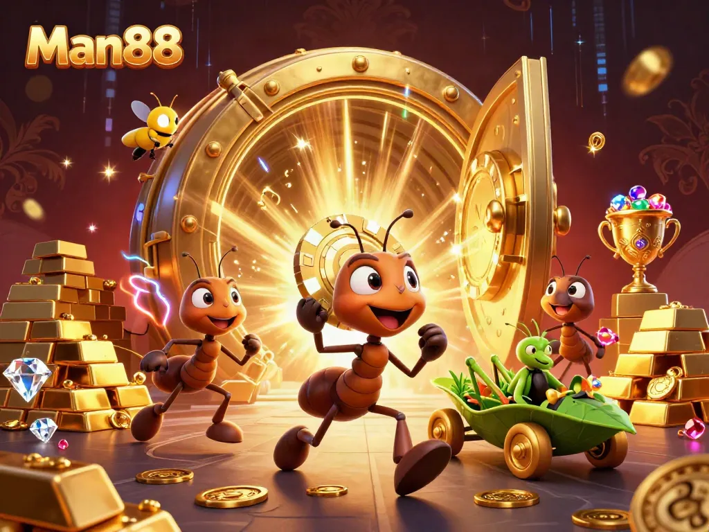 Experience the thrill of winning with Man88's vibrant 3D casino heist illustration featuring clever ants and dazzling treasures.