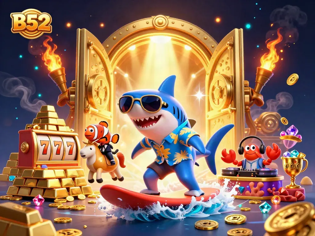 Experience B52 thrills with vibrant casino fun featuring a shark on gold coins and exciting game elements!
